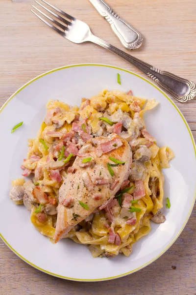 Chicken and creamy bacon with mushroom pasta